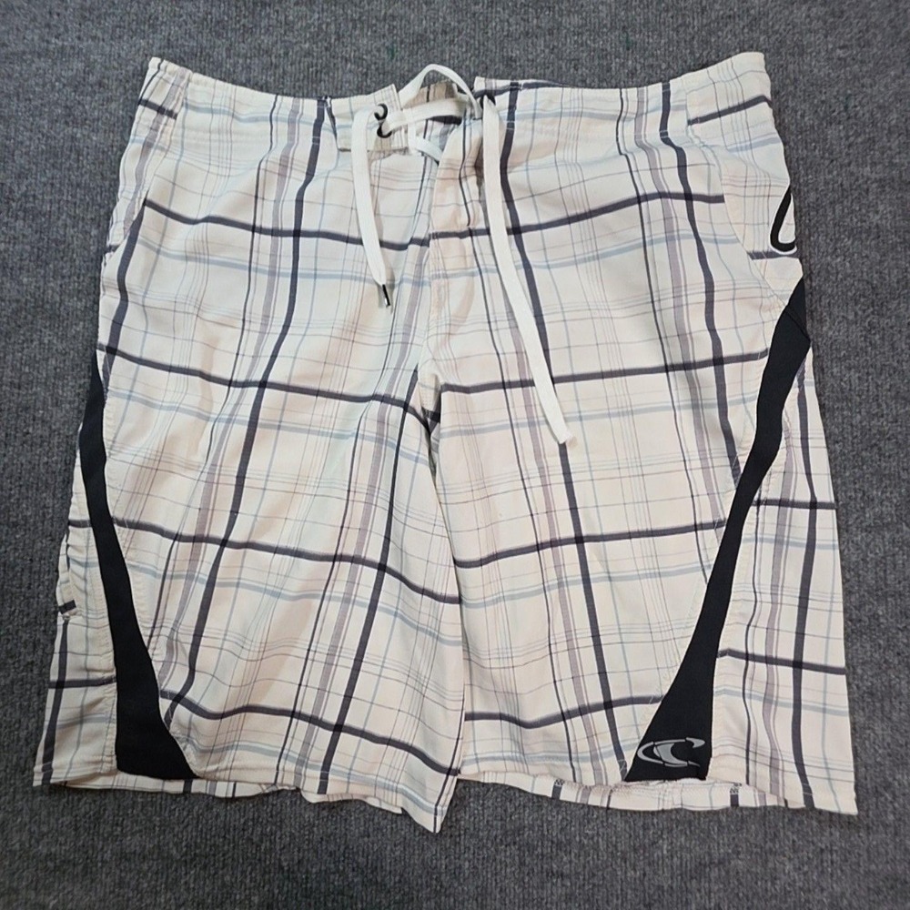 O'Neill Board Shorts Mens 36 Beige Plaid Surf Swim Drawstring Pocket Logo